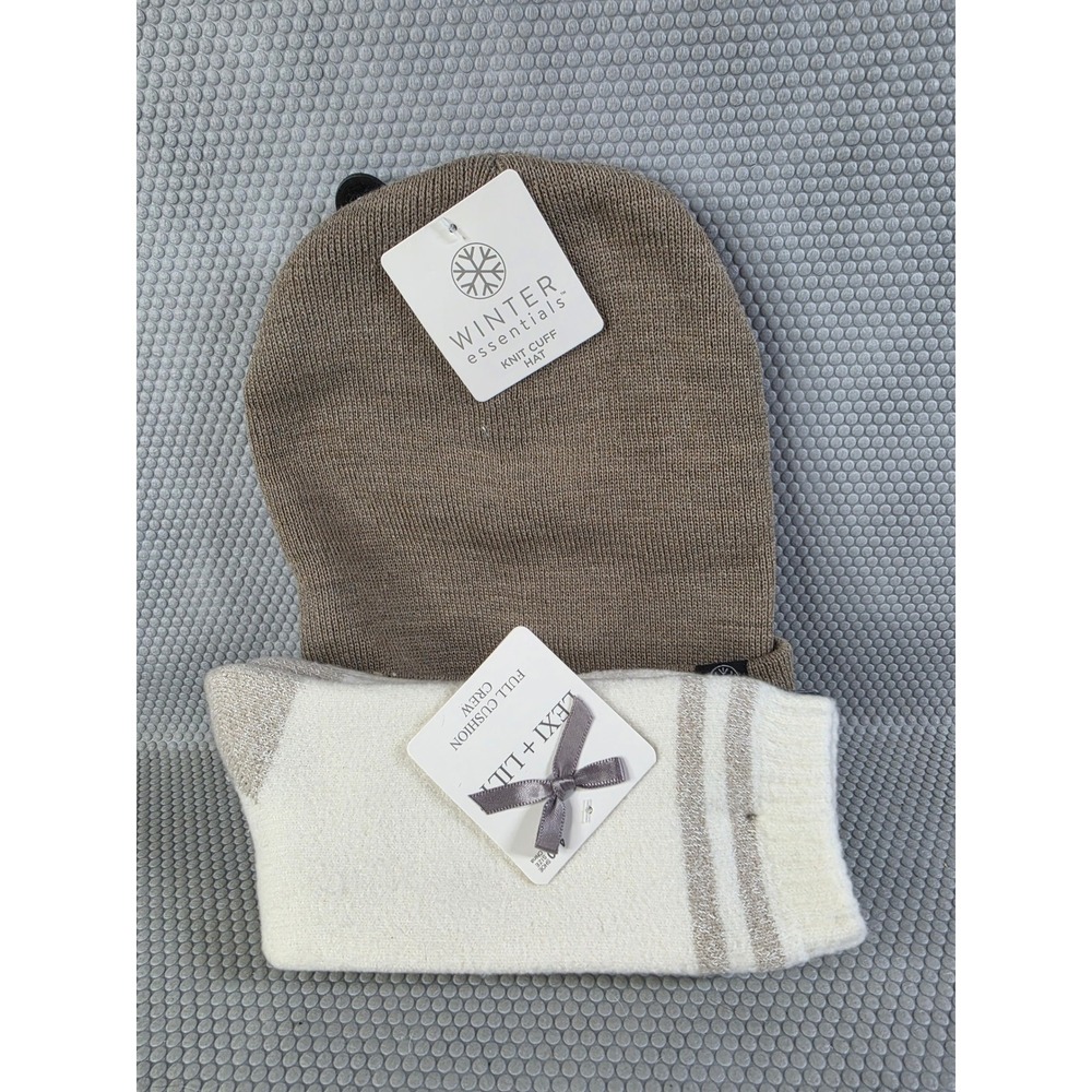 Winter Essentials Knit Cuff Beanie and Lexi + Lily Full Cushion Crew Socks Set